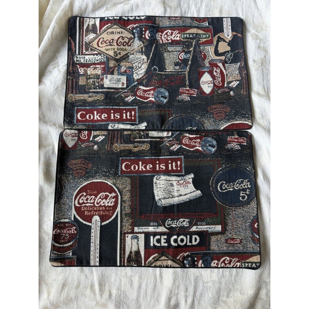 Set of 2 COCA-COLA Bottling Co TAPESTRY FABRIC Placemat Coke is It 12" x 18"